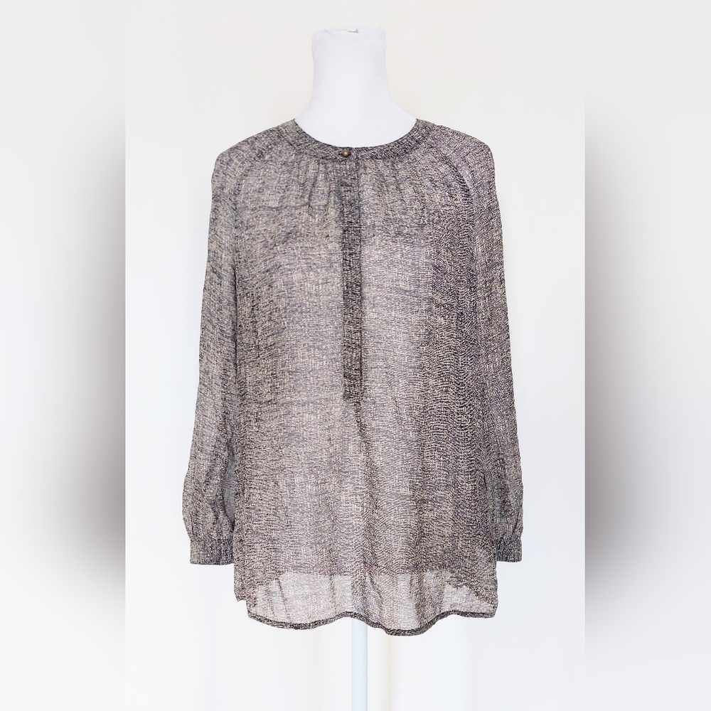 Broadway & Broome Semi Sheer Patterned Blouse Size Small 100% Silk Brown Ivory